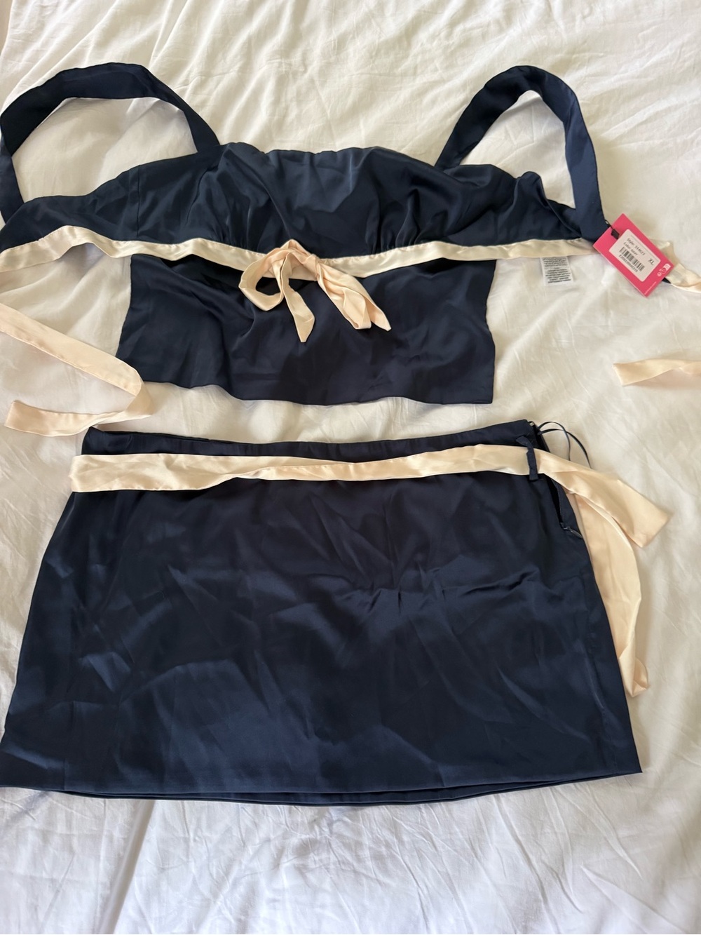 Edikted Navy Two-Piece Satin Pajama Set with Cream Trim